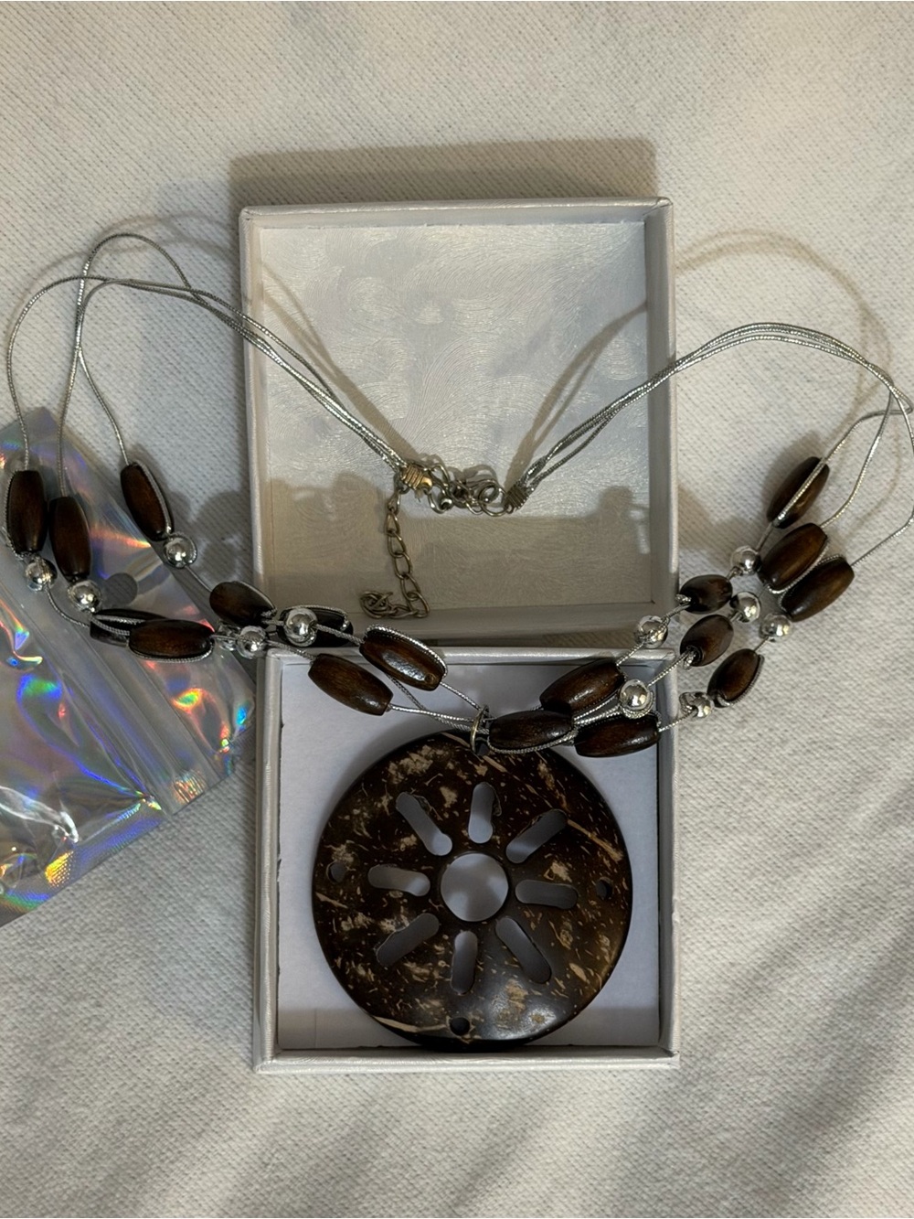 Brown Coconut Pendant Necklace with Multi-Strand Cord